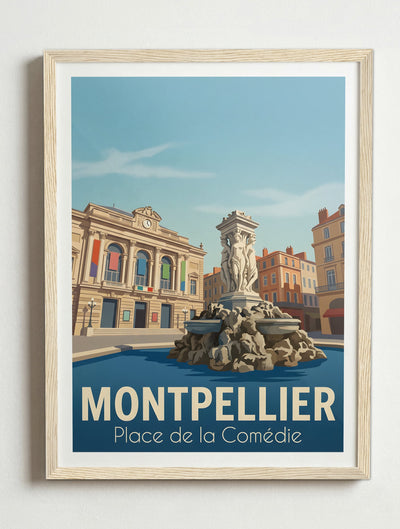 Affiche de Montpellier - Place de la Comédie – Cadre bois