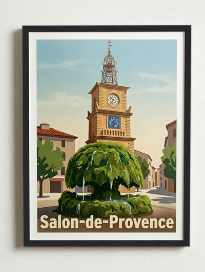 Affiche de Salon-de-Provence - Fontaine Moussue avec l'Horloge en fond – Cadre noir