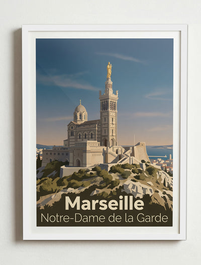 Affiche de Marseille - Basilique Notre-Dame de la Garde – Cadre blanc