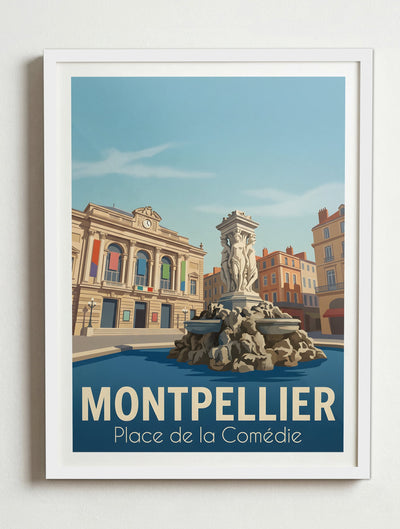 Affiche de Montpellier - Place de la Comédie – Cadre blanc