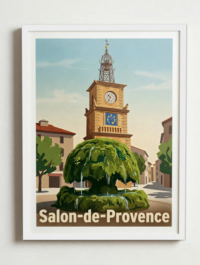 Affiche de Salon-de-Provence - Fontaine Moussue avec l'Horloge en fond – Cadre blanc