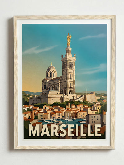 Affiche de Marseille - Basilique Notre-Dame de la Garde – Cadre bois