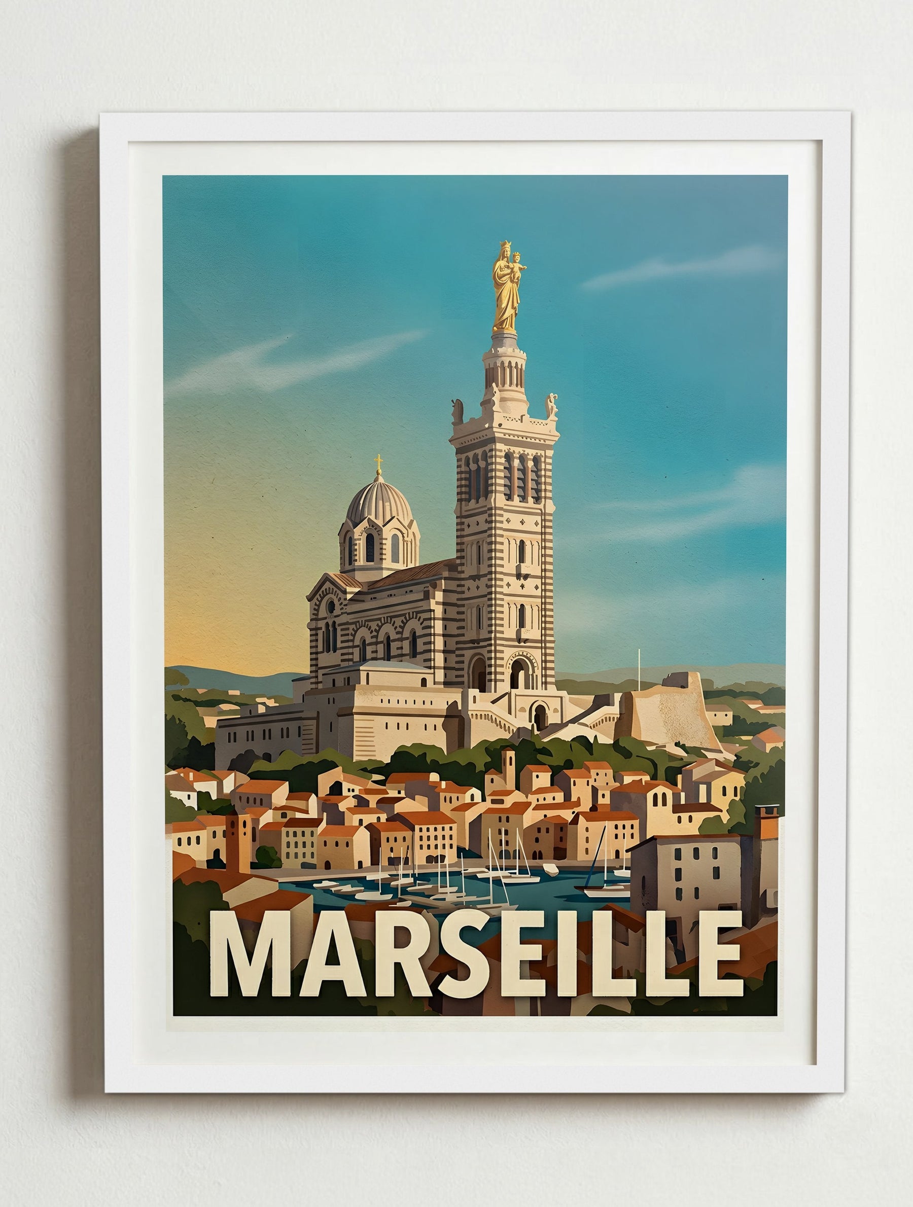 Affiche de Marseille - Basilique Notre-Dame de la Garde – Cadre blanc