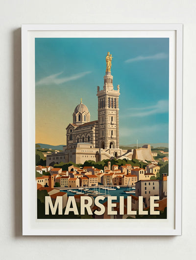Affiche de Marseille - Basilique Notre-Dame de la Garde – Cadre blanc