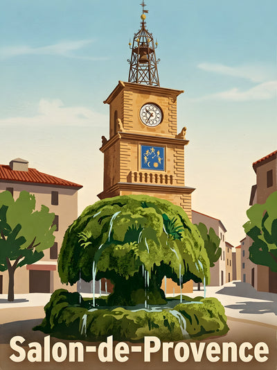 Affiche de Salon-de-Provence - Fontaine Moussue avec l'Horloge en fond
