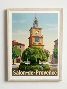 Affiche de Salon-de-Provence - Fontaine Moussue avec l'Horloge en fond – Cadre bois