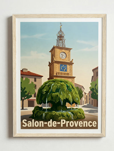 Affiche de Salon-de-Provence - Fontaine Moussue avec l'Horloge en fond – Cadre bois