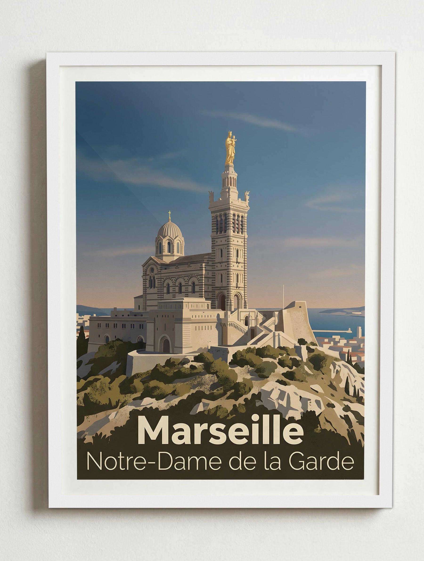Affiche de Marseille - Basilique Notre-Dame de la Garde – Cadre blanc