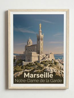 Affiche de Marseille - Basilique Notre-Dame de la Garde – Cadre bois