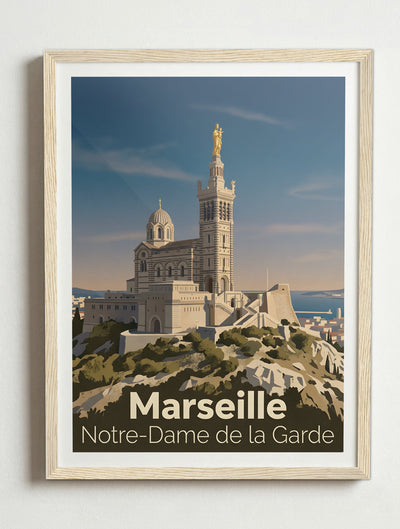 Affiche de Marseille - Basilique Notre-Dame de la Garde – Cadre bois