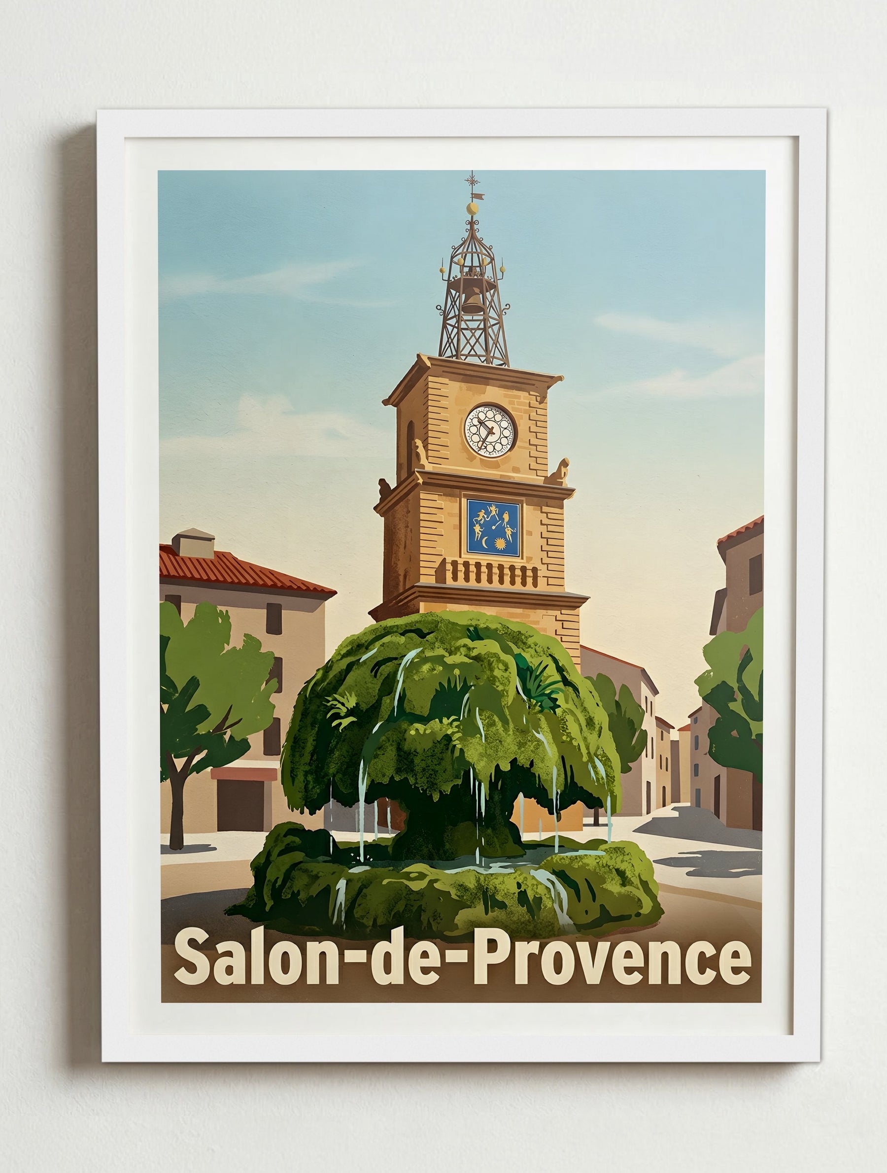 Affiche de Salon-de-Provence - Fontaine Moussue avec l'Horloge en fond – Cadre blanc