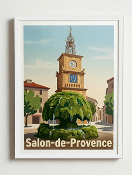Affiche de Salon-de-Provence - Fontaine Moussue avec l'Horloge en fond – Cadre blanc