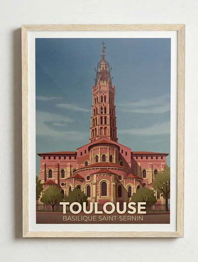 Affiche de Toulouse - Basilique Saint-Sernin de Toulouse – Cadre bois