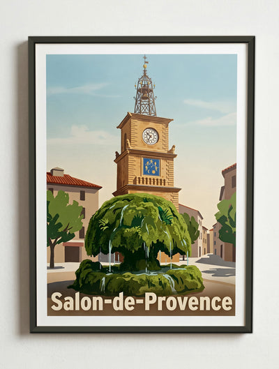Affiche de Salon-de-Provence - Fontaine Moussue avec l'Horloge en fond – Cadre métal
